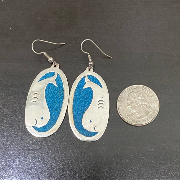 Vintage Unsigned Sterling Silver Whale Turquoise Inlay Drop Earrings - Picture 5 of 9